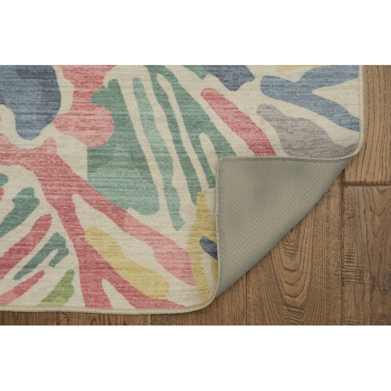 Kivett Floral Gray and Green Indoor Outdoor Machine Washable Area Rug, Rectangle 3' x 5'