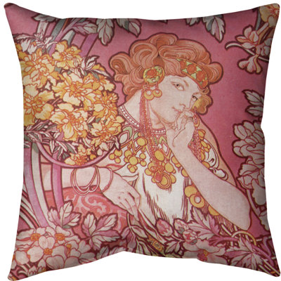 Coussin alphonse mucha femme entre les fleurs