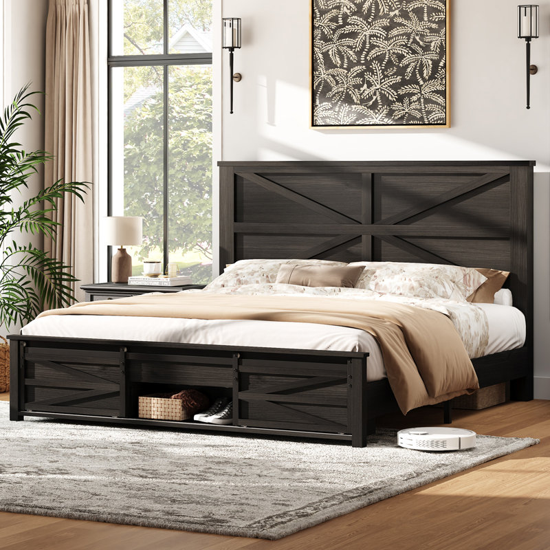 49" H Farmhouse Bed Frame With Sliding Barn Door Storage Cabinets