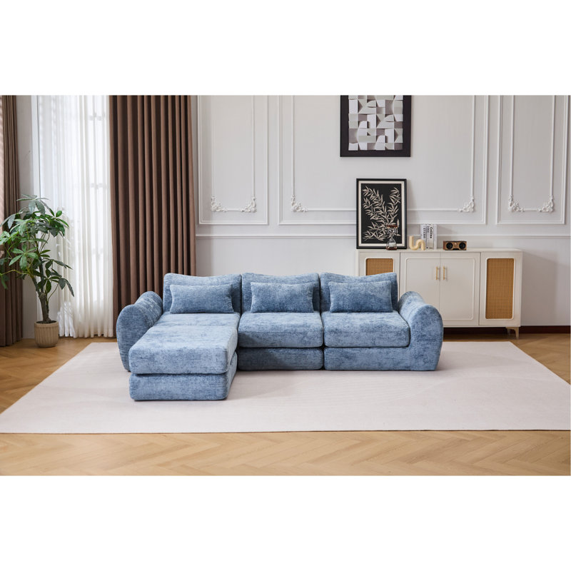 Foldable Wave Star Modular Sofa, Chenille Fabric for Living Room & Bedroom, Instant Expansion Comfortable Creative Furniture with 1 Middle Seat, 1 Ottoman and 1 Side Chaiseest,Blue.