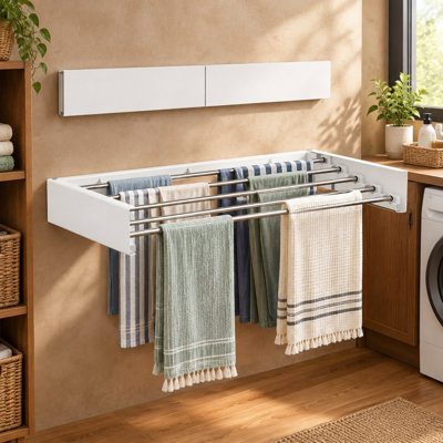 Portant-linge mural blanc pliable de 23,6 pouces avec 5 tringles et un gabarit mural inclus - rangement intérieur pour le séchage des vêtements