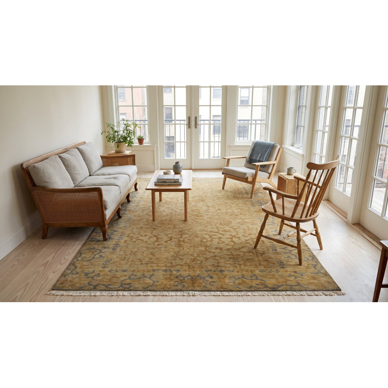 Tapis jaune à motif géométrique moderne en laine noué à la main jaune, 8 pi x 10 pi