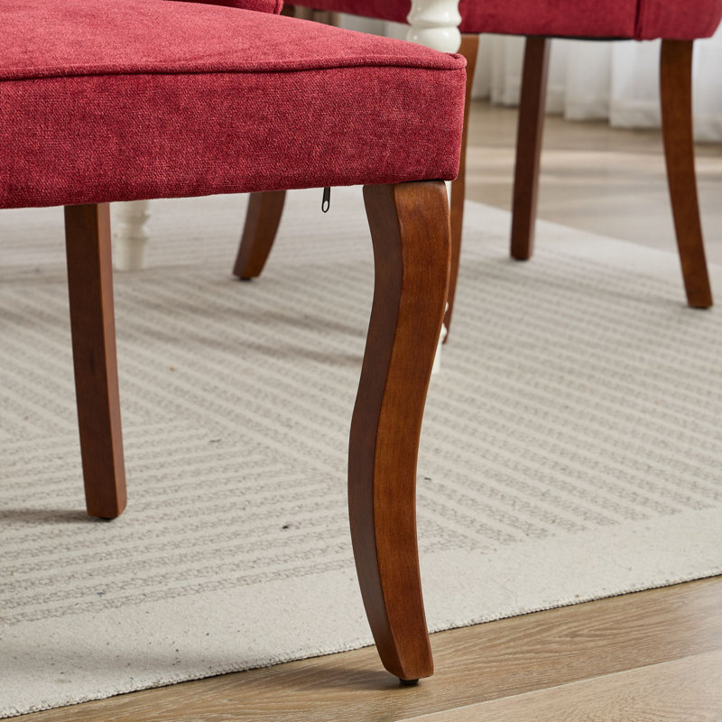 Wine Red High Back Linen Upholstered Dining Chair with Wood Legs