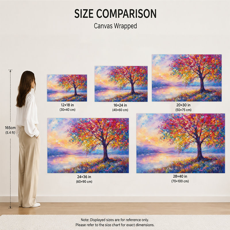 Reproduction d'art mural sur toile, feuille colorée, lac, coucher de soleil, empâtement, paysage, salon, décoration murale