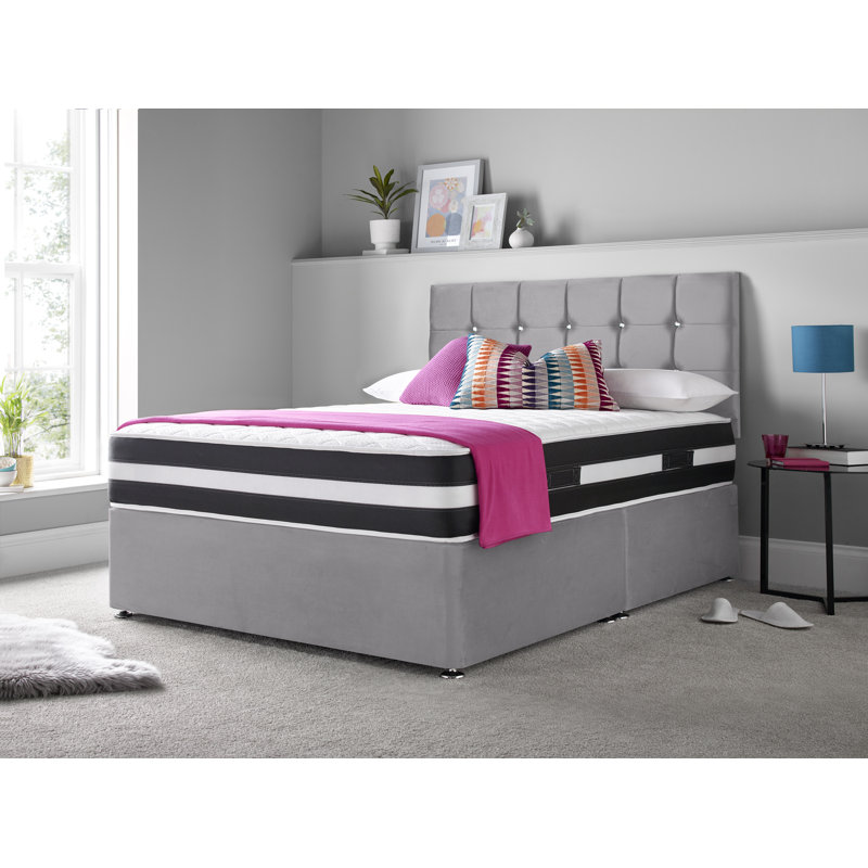 Vibbert Upholstered Divan Bed with Mattress, Double (4'6), Charcoal, Left Side Drawers