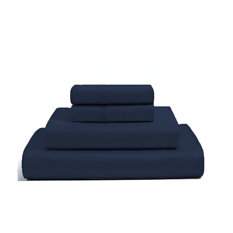 400TC Luxurious Triple Embroidery Sateen Solid Cotton 4 Piece Sheet Set Fitted Sheet Fits Upto 16" Deep Pocket, Navy Blue