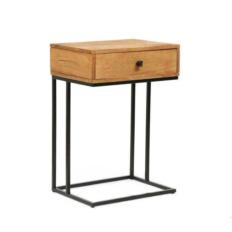 Wyndenhall Hubbard Solid Mango Wood and Metal 28 inch Wide Square Industrial Wide C Side Table in Warm Grey - 28 x 15 x 25