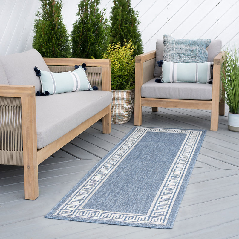 Tapis d'intérieur / extérieur bleu tissé à plat Drusilla, Tapis de couloir 2 pi 3 po x 7 pi 3 po