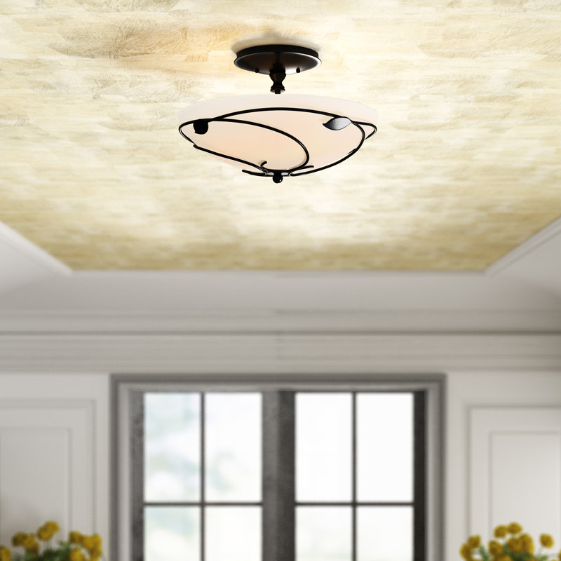 Leaf Semi Flush Mount, Black, Opal, 8.2" H x 13.5" W x 13.5" D