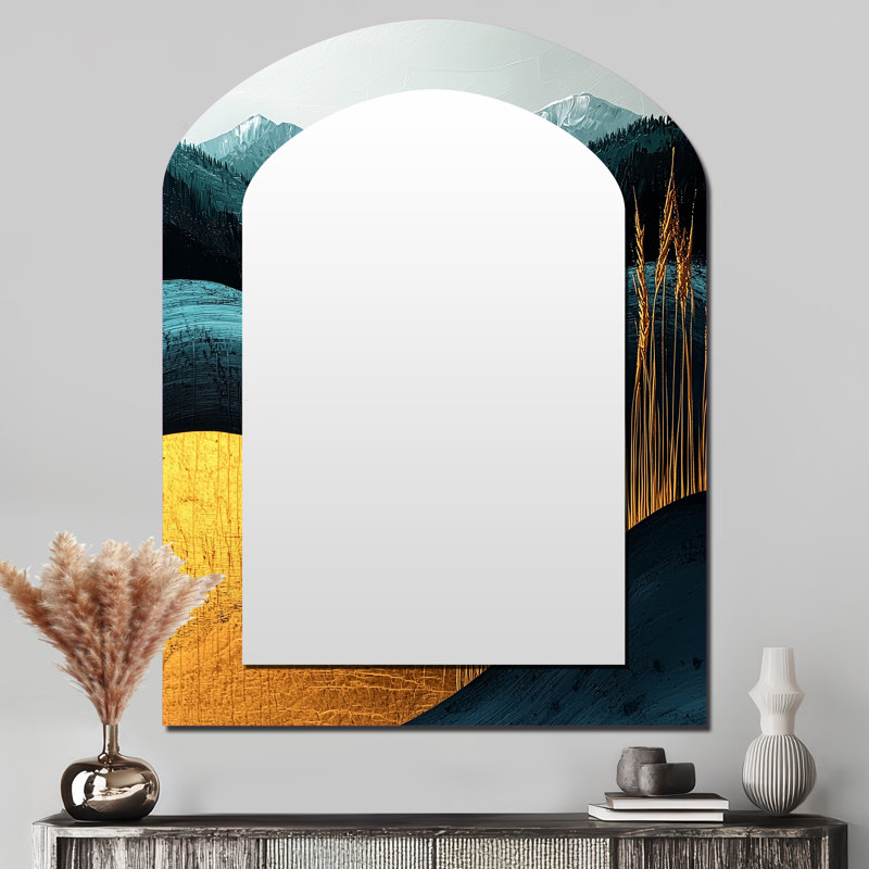 Quiet Bold Mountain In Emerald Gold Harmony IV - Mountains Arch Large Mirror, Traditional Asymmetrical Unique Wall Mirror Decor, Printed Metal Art