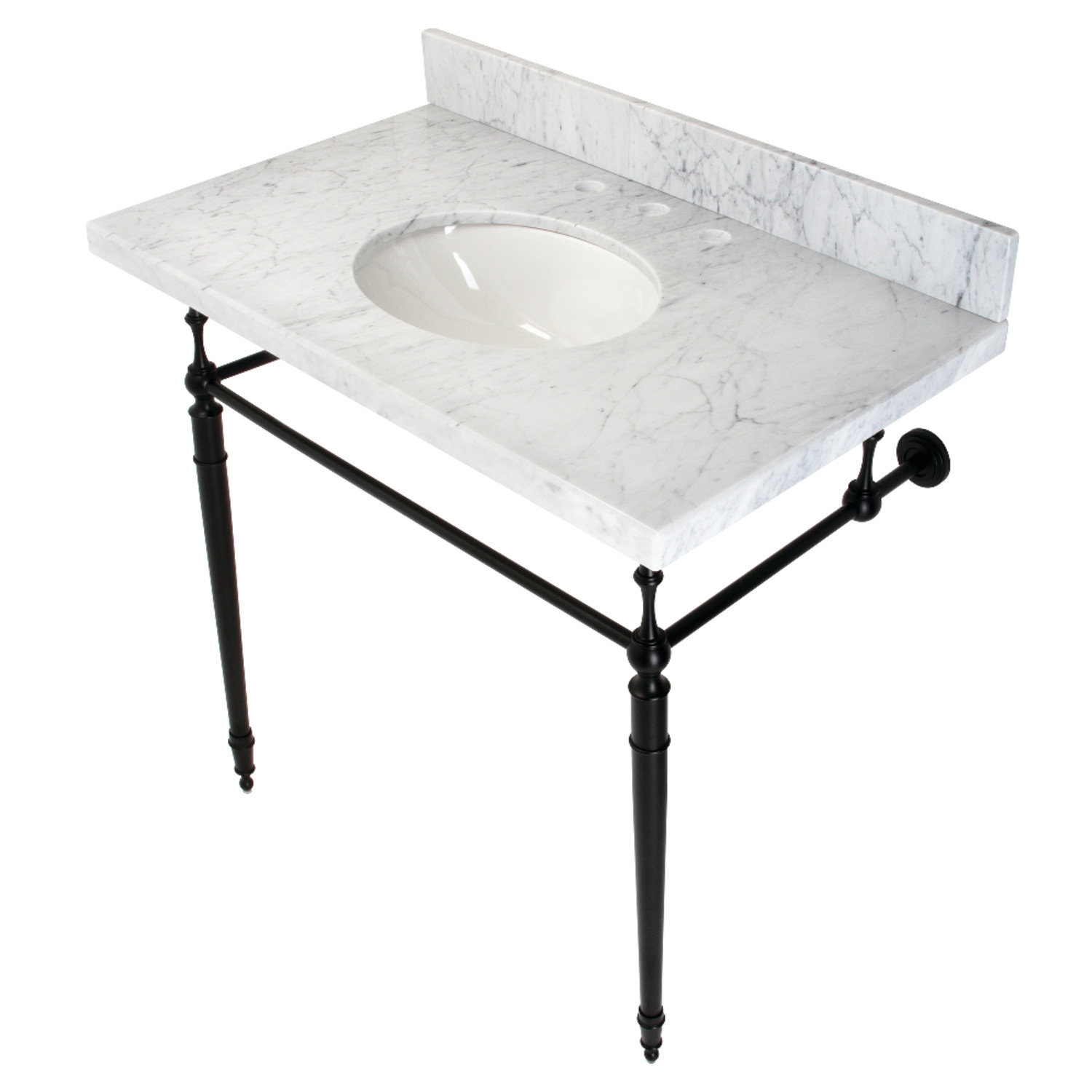 Kingston Brass Edwardian 36-Inch Carrara Marble Console Sink with Brass Legs (8-Inch, 3-Hole), Marble White/Matte Black