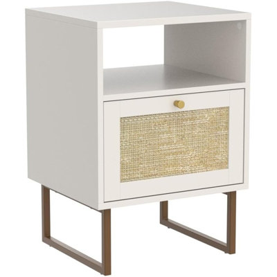 White Rattan Nightstand (Modern Boho Farmhouse Wood Bedside Table With Storage Drawer & Open Shelf, Small Gold Frame Side End Table For Bedroom/Living Room/Office)