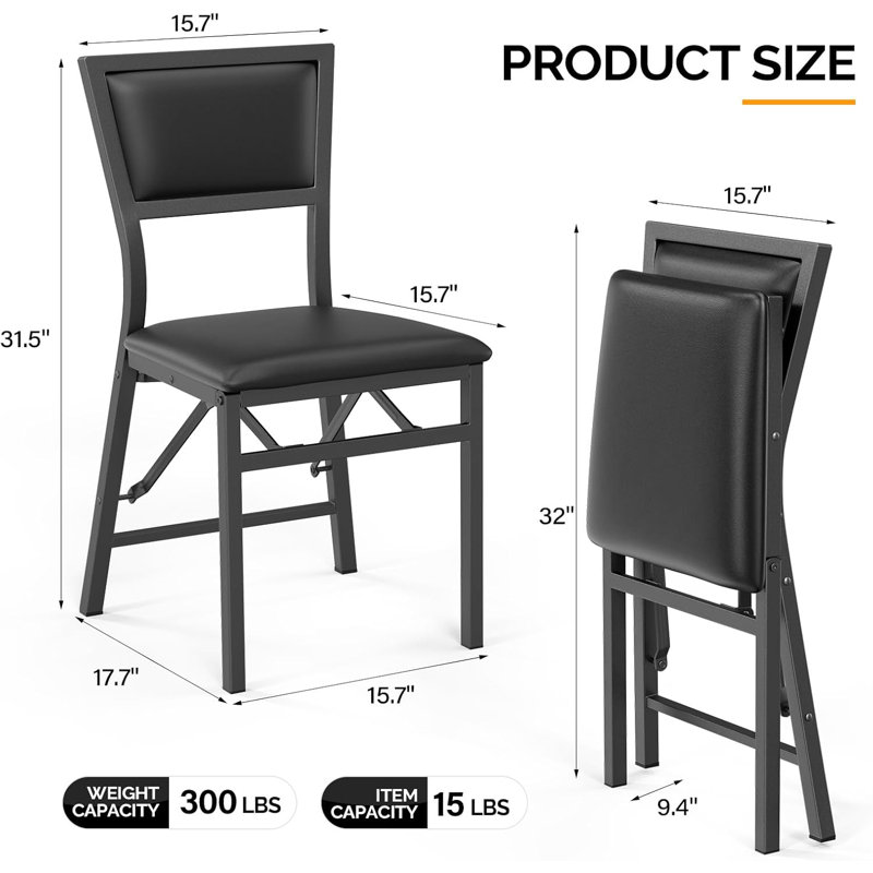 2Pcs Set Square Black Folding Dining Chairs 17.32"18.9"31.5" Iron Frame + PU Cushion