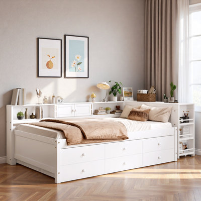 Wood Daybed With Storage Drawers, Side Shelves, Desk And Trundle