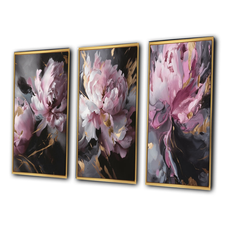 «Harmonious Pink Grey Peony Flower», 3 pièces, Cadre flottant doré, H 28 po x l 36 po