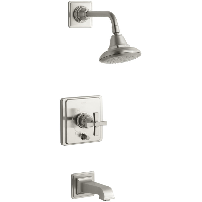 Pinstripe Pure Rite-Temp Pressure-Balancing Bath and Shower Faucet Trim, Vibrant Brushed Bronze, Cross Handle