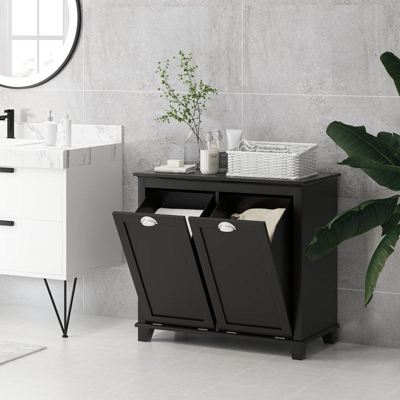 Bathroom Floor Cabinet With Tilt Out Hamper, Dual Compartment. Modern Washroom Storage, Black. Large Towel Holder. Separate Storage For & Dark. Made, Water-. Toppling Design. Wall-Fixable. 30" W X