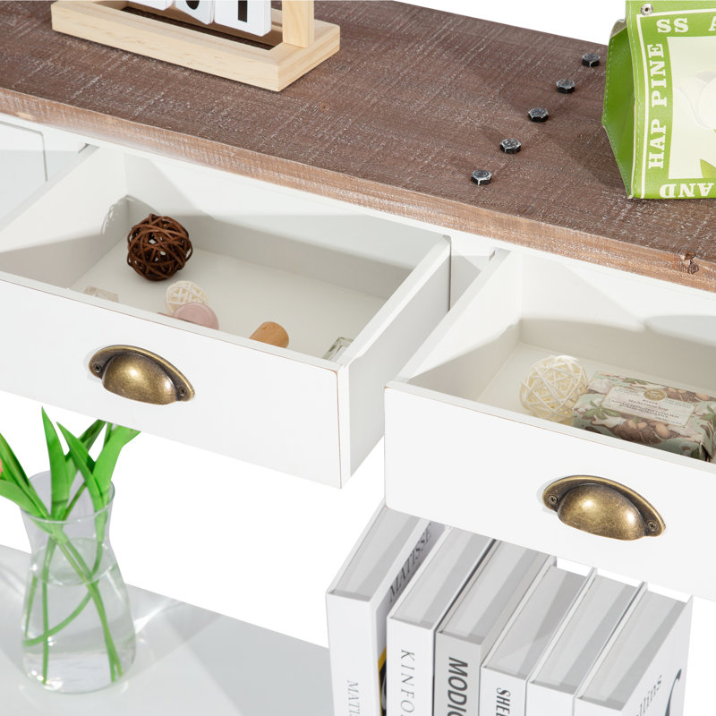 Console rustique en bois massif Dala de 60 po avec 4 tiroirs et rangement Dala, Plateau brun / structure blanche