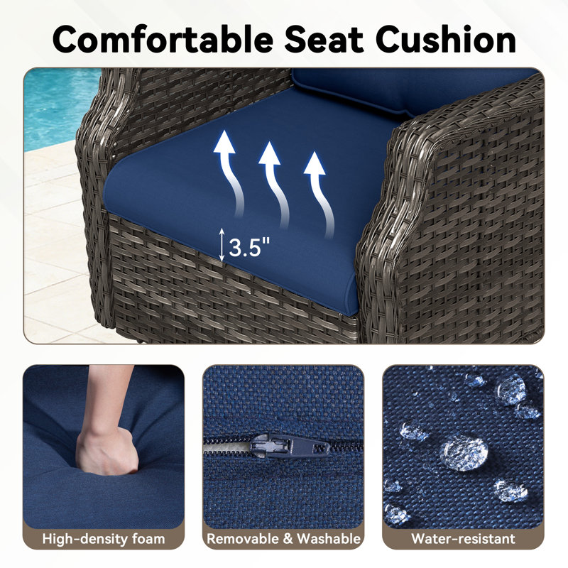 5-Piece PE Wicker Patio Furniture Set with 2 Chairs,Ottomans,Side Table & Blue Cushion, Blue