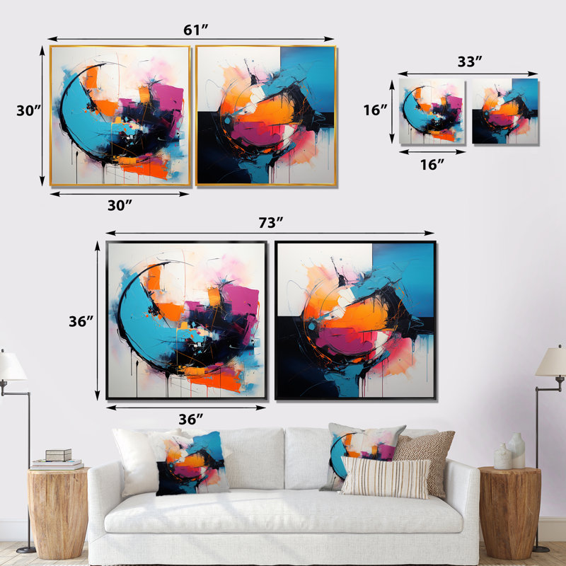«Blue and Pink Paint Ink Expression IV», ensemble de 2 décorations murales abstraites fractales, Cadre blanc