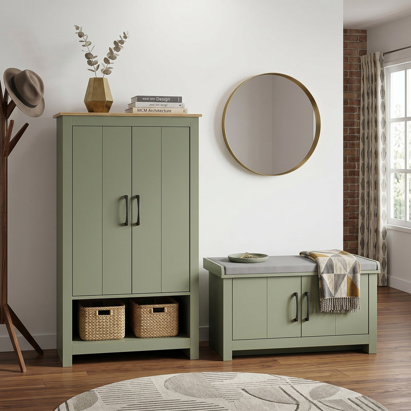 Limestone Entryway Shoe Bench And 3Ft Storage Cabinet Set   , Kale Green