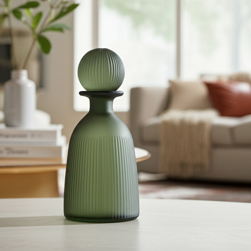 Glass Vase with Vertical Ribbed Detailing and Round Stopper Accent Aligned to Coastal Trend for Modern Decorative Display in Contemporary Interior Settings.