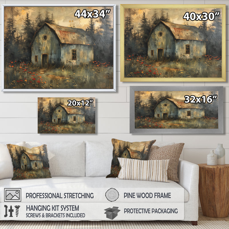 Gris, gris, hiver, chalet champêtre, H 12 po x l 20 po x P 1 po, Toile encadrée noire simple