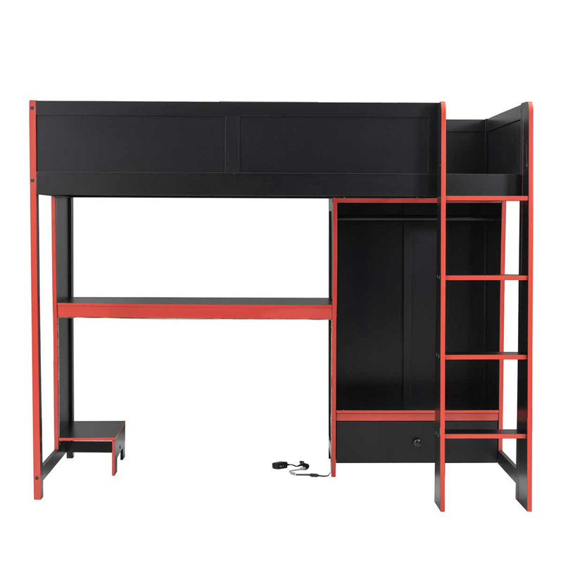 Wood Gaming Loft Bed With Built-In Desk, Wardrobe And LED For Teen And Adults, Twin