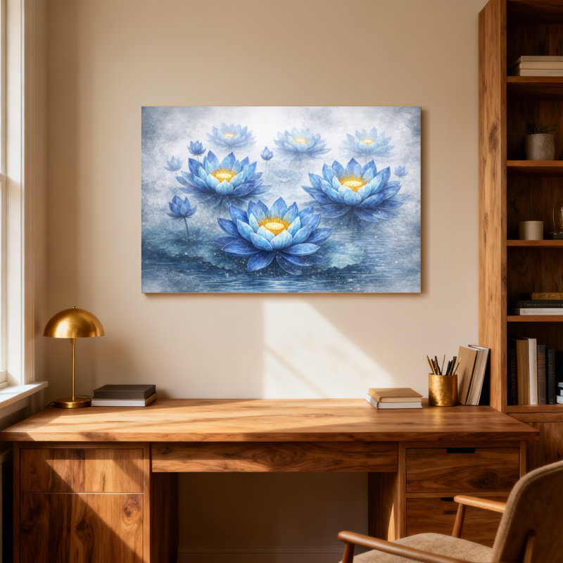 Plantes et fleurs de lotus bleu sur la surface de l'eau, H 16 po x l 24 po