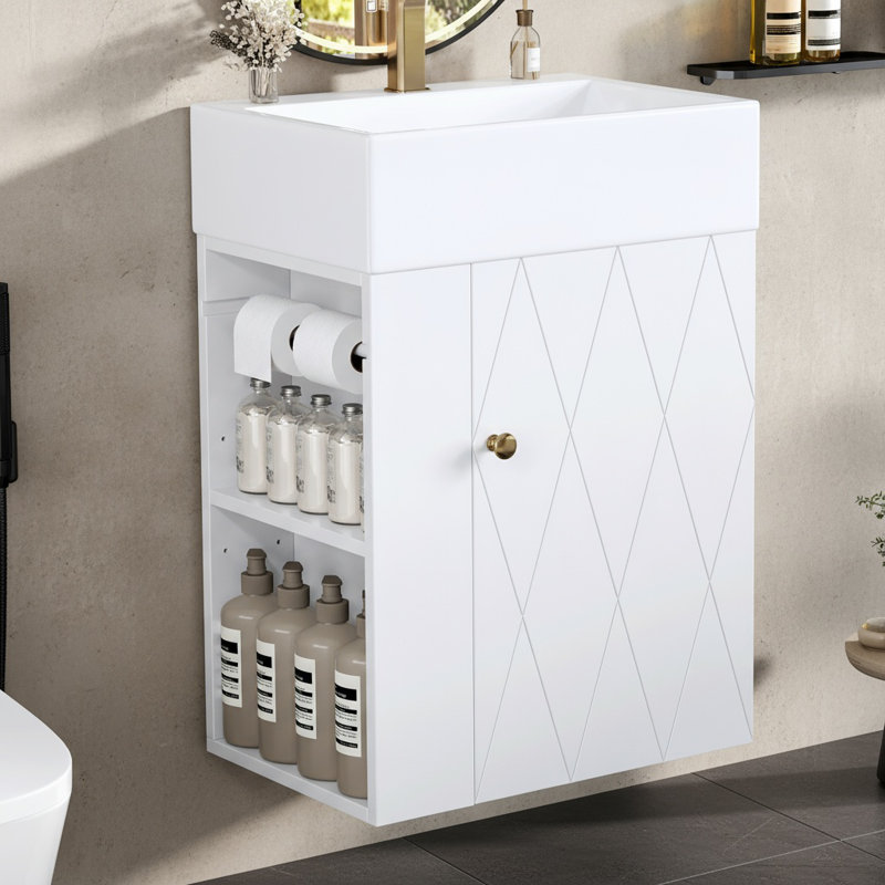 20" Freestanding Small Bathroom Storage with Single Sink, Narrow Compact Vanity with Diamond Pattern Door, Gold Handle, Side Shelves & Towel Bar