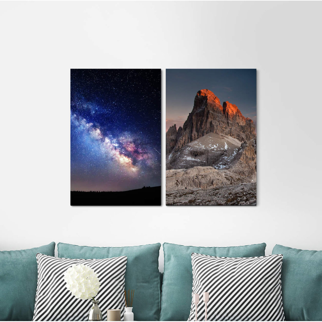 2-tlg. Leinwandbilder-Set - Fotografie „Dolomites Stars Milky Way Mountain Galaxy Night”