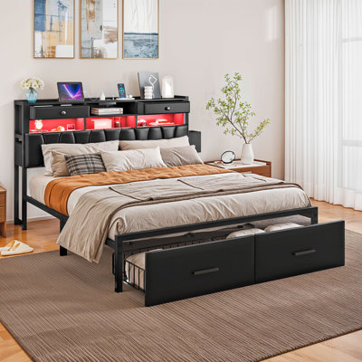 Upholstered Storage Bed With 2 Storage Drawers, LED Headboard & Charging Station