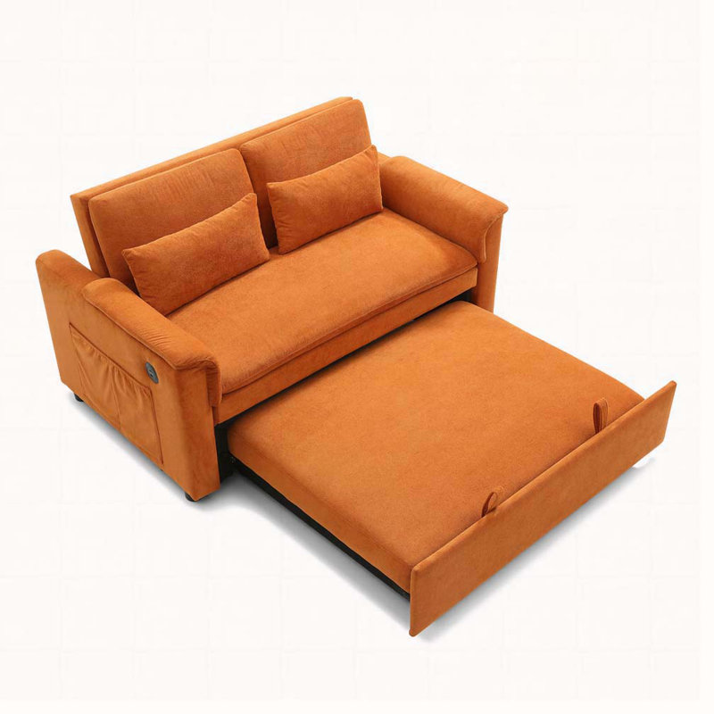 55" Velvet Two Seater Pull Out Sofa Bed, Adjustable Backrest With USB Ports, Two Side Pockets, Orange