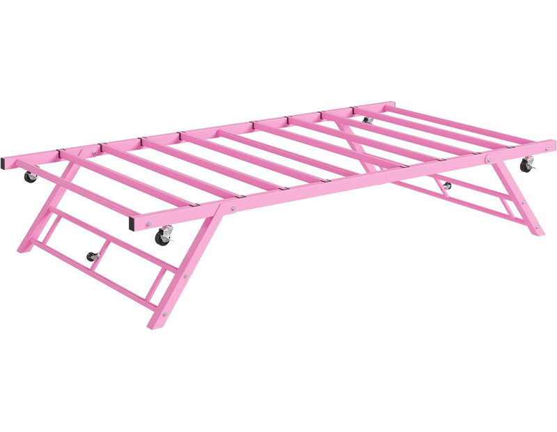 Structure de lit gigogne simple, lit de jour gigogne avec roulettes verrouillables, plateforme en métal pliable, rose