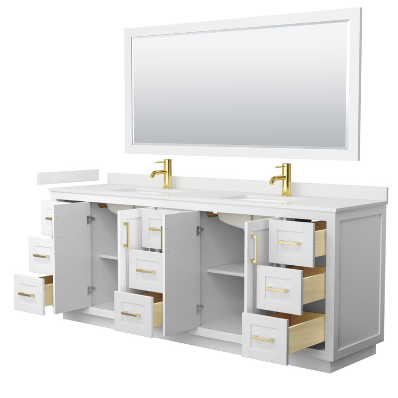 Ensemble de meuble-lavabo double autoportant 84 po avec plateau en quartz Miranda, Quartz blanc, Blanc, Or brossé