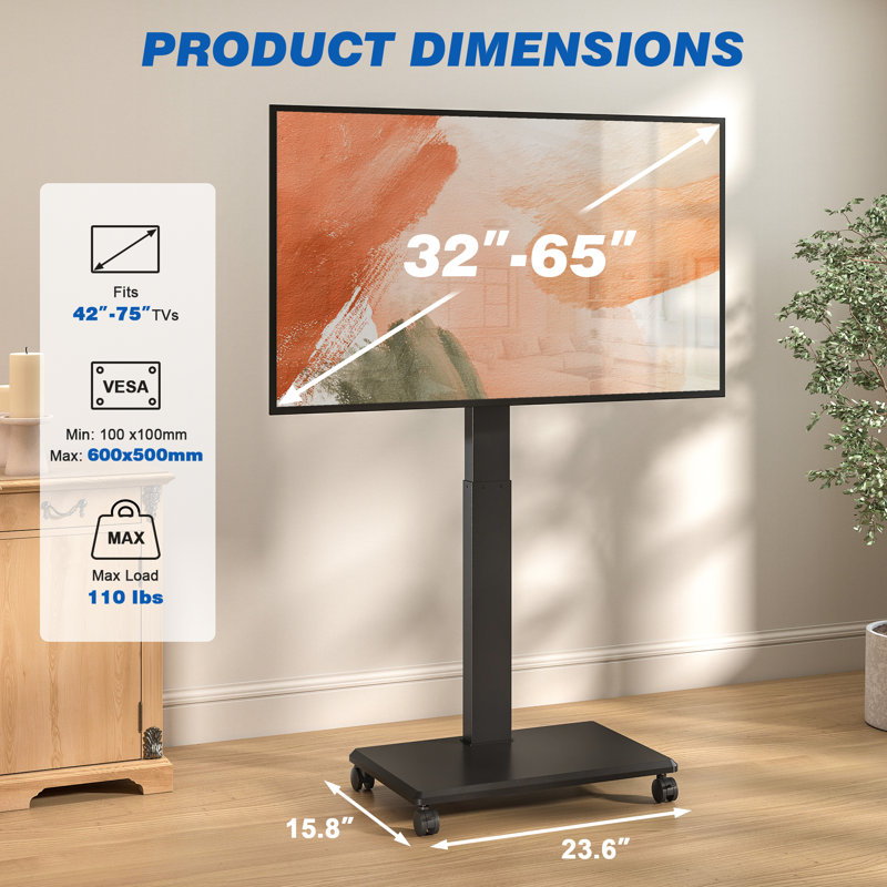 Hand Crank Lift Mobile Tv Cart, 42-75 Inch Rolling Tv Stand With 90° Rotation, 110 Lbs Capacity, Black