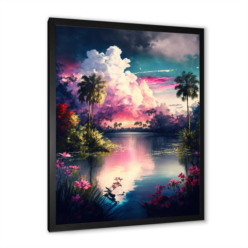 «Cissell Beautiful Sunset Over A Tropical Lake III», reproduction sur toile, L 34 po x H 44 po, Cadre photo noir