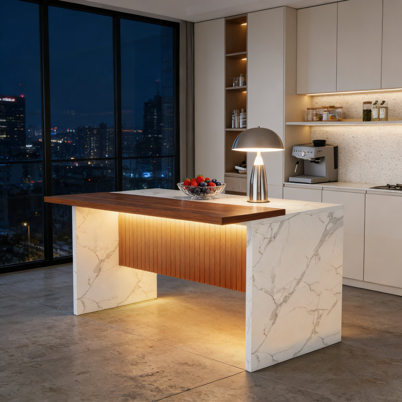 Îlot de cuisine moderne de 63 pouces avec surface d'aspect marbre, éclairage DEL et conception de grille pour une utilisation polyvalente.