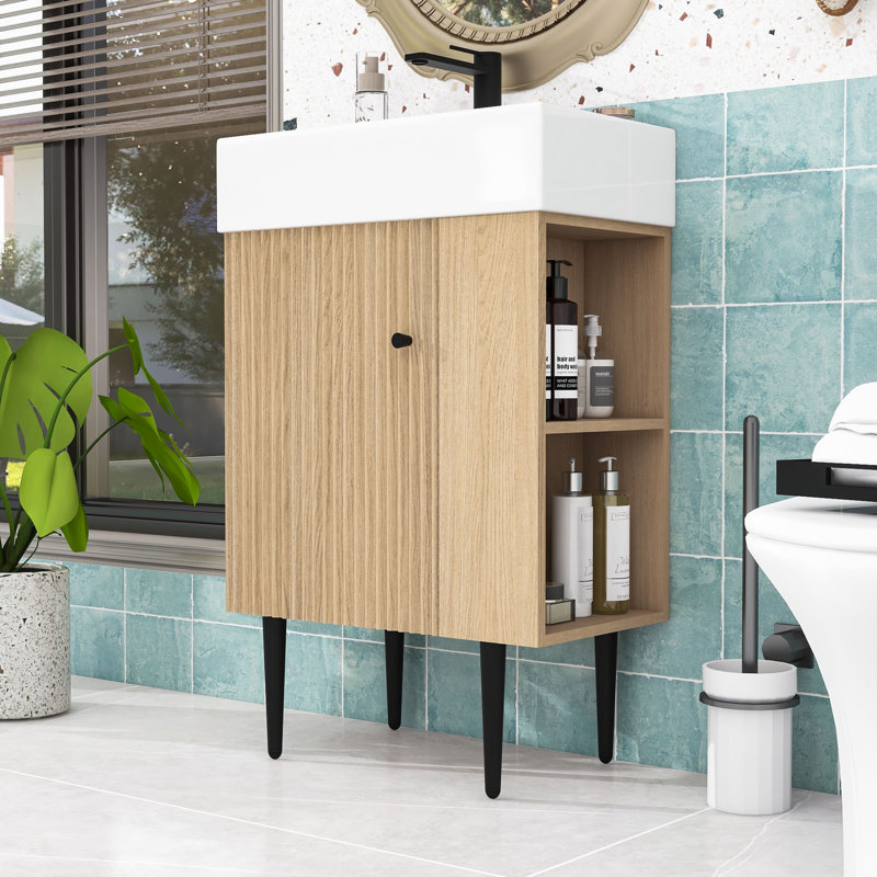 Ensemble de meuble-lavabo de salle de bain avec lavabo en céramique, rangement à droite et pieds dorés, Bois
