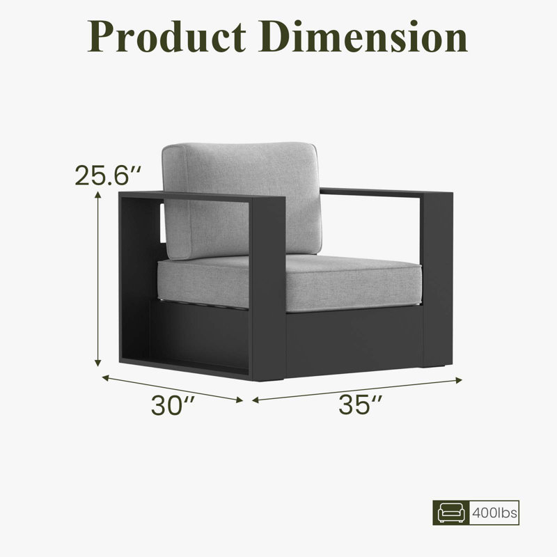 Chaise d'extérieur moderne en aluminium avec coussins, Coussin gris / cadre noir