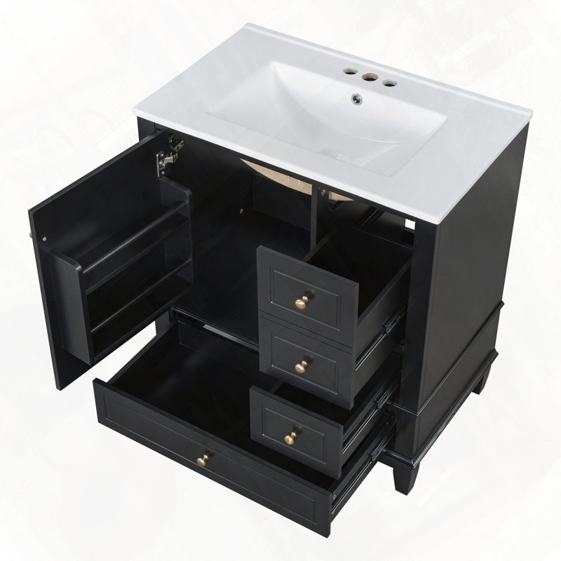 Meuble-lavabo de salle de bain avec lavabo, une porte et trois tiroirs, Noir