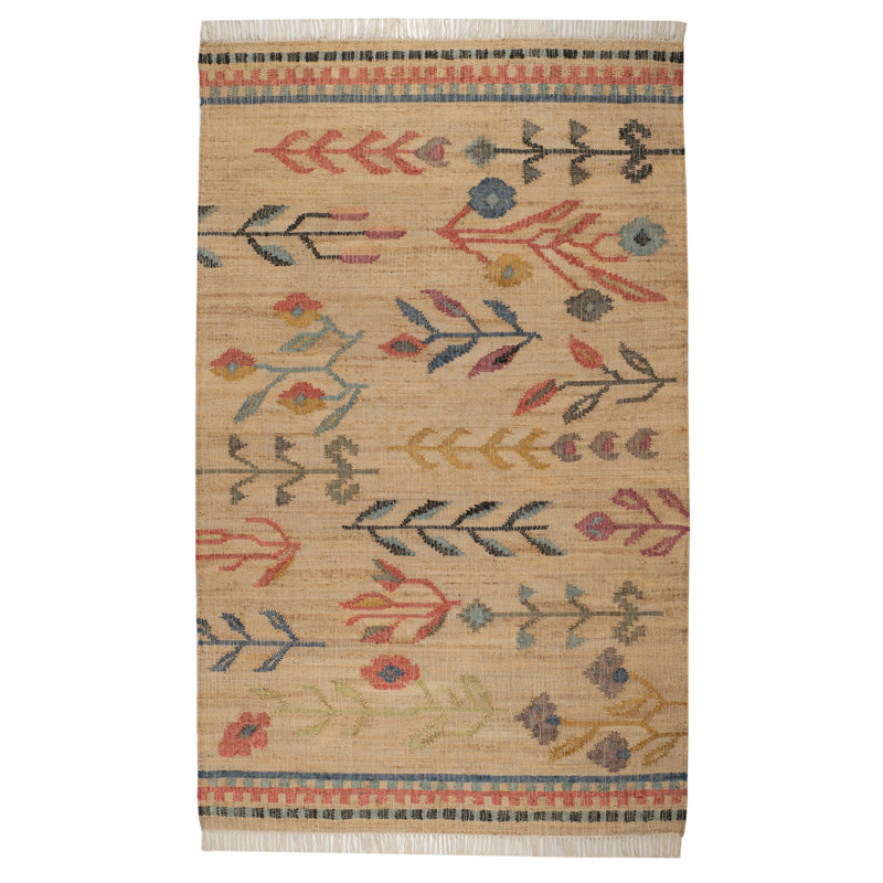 Folk Floral Kilim Natural Handwoven Jute Rug, Rectangle 7'6" x 9'6"