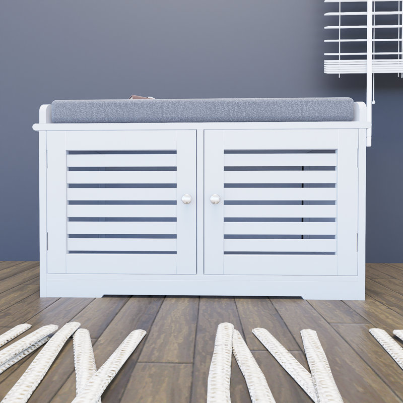 Banc de rangement à chaussures blanc avec siège rembourré, banc d'entrée avec 2 portes de grange