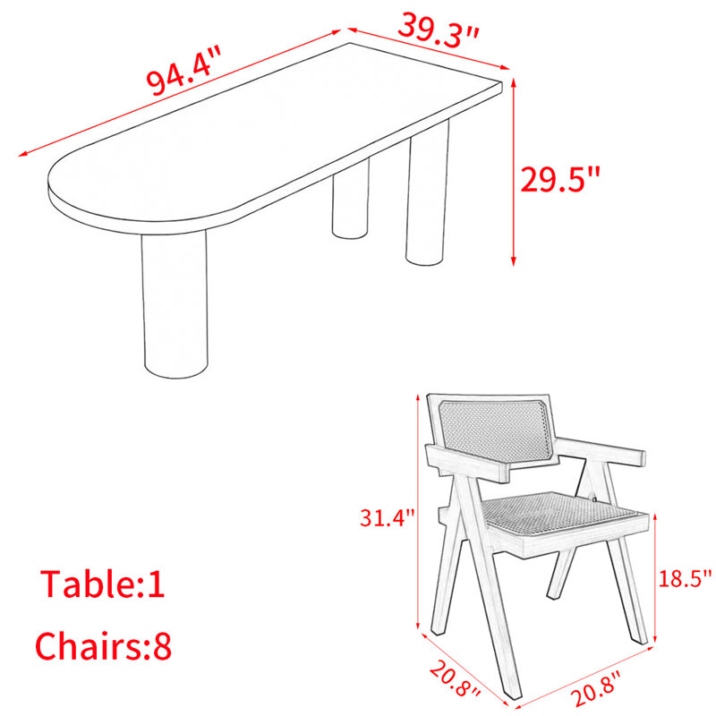 Ensemble de table à manger en bois massif de style français, H 29,5 po x L 94,4 po x l 39,3 po, 9
