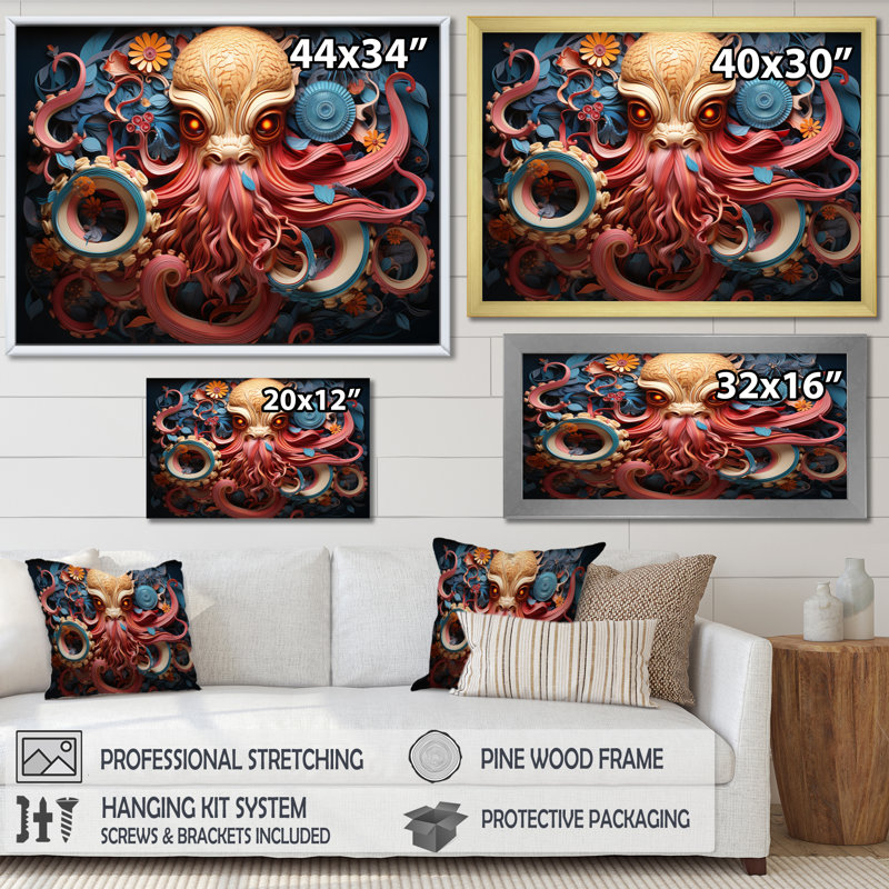 Coral Octopus Serene submersion III sur toile, H 34 po x l 44 po x P 1,5 po, Cadre photo noir