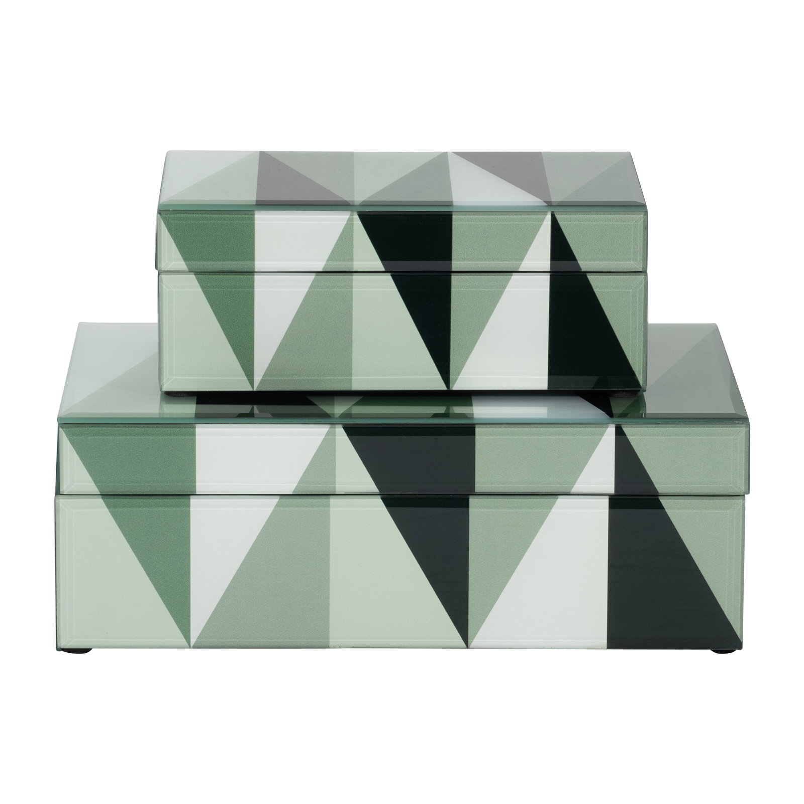 Zafir Glass & Wood Decorative Storage Boxes with Geometric Design, 11" & 8", Green for Home, Office, Bedroom, Living Room - Set of 2
