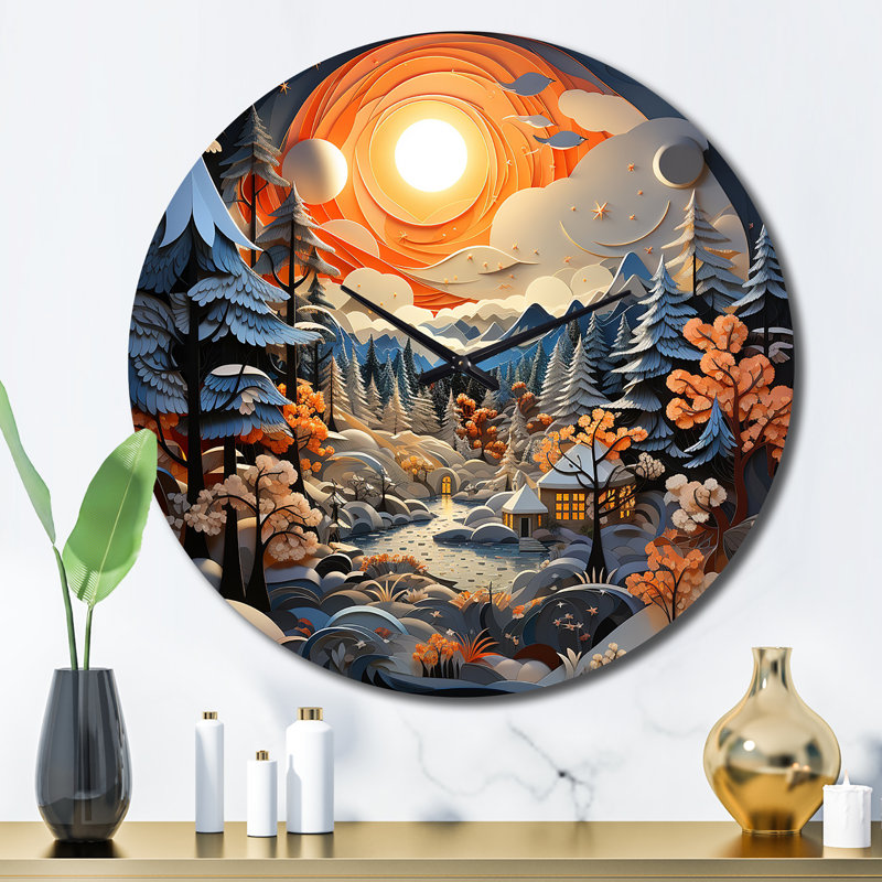 Orange Blue Winters Papercut Landscape II Wall Clock, Large