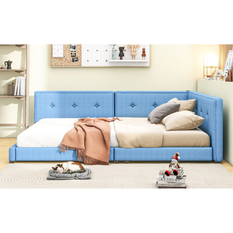 Lit plateforme double tapissier avec hublots, bleu - pour la décoration de la chambre à coucher, Lit double, Bleu