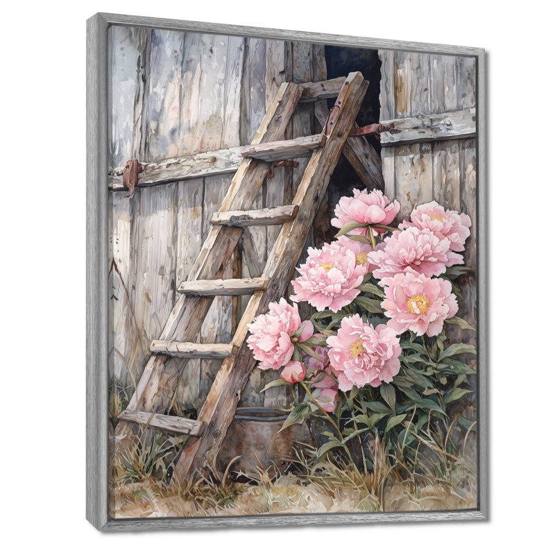Dupera, pivoines par échelle de grange II - pivoines, art mural encadré, H 44 po x l 34 po, Reproduction avec cadre flottant