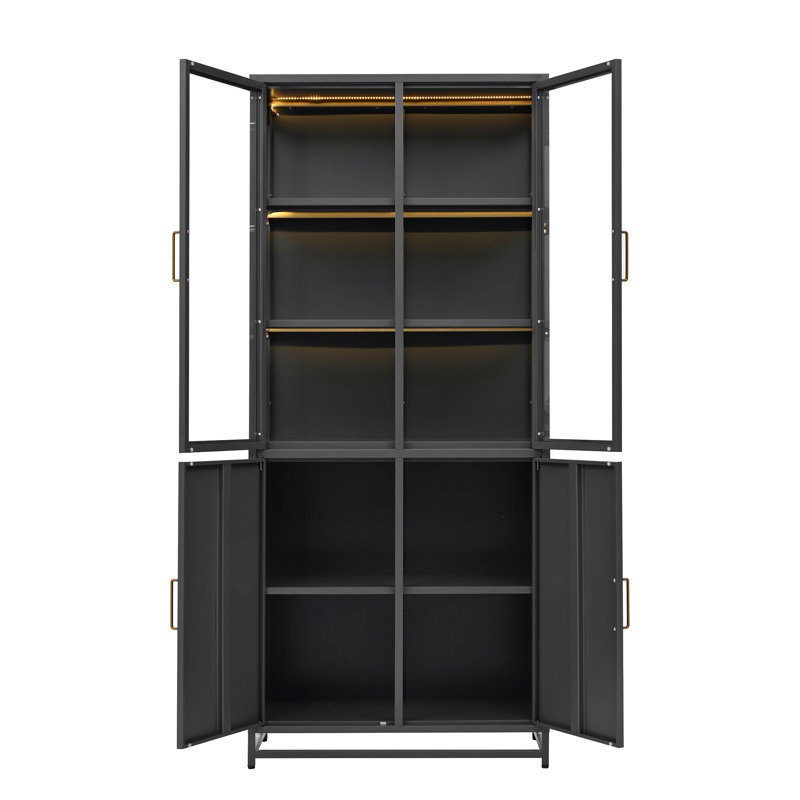76.75'' Tall Display Cabinet With Glass Doors And LED Lights, Black